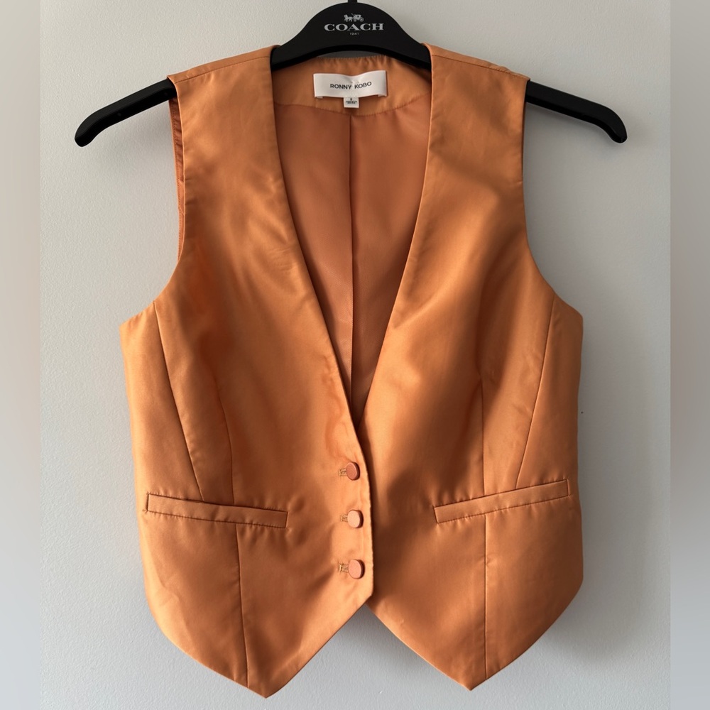 Ronny Kobo Satin Tailored V-Neck Vest - Peach Salmon - Size S - READ